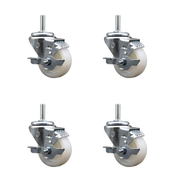 3 Inch Nylon Wheel Swivel 34 Inch Threaded Stem Caster Set with Brake SCC